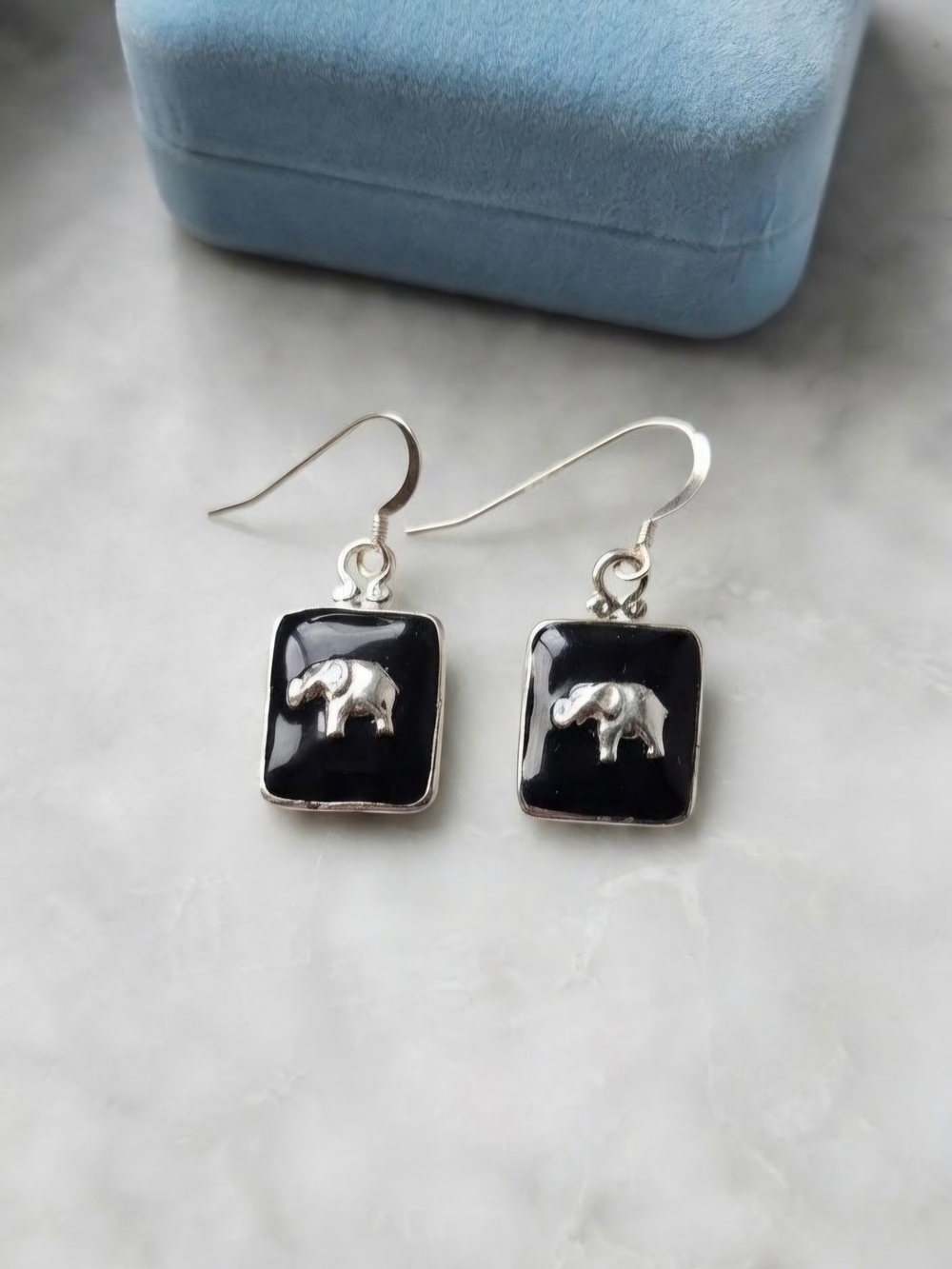 Sterling Silver Elephant Black Enamel Drop Earrings